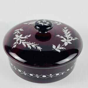 Ruby Red Glass Silver Overlay Candy Dish W/ Lid Floral 5 3/4 x 3 3/4”